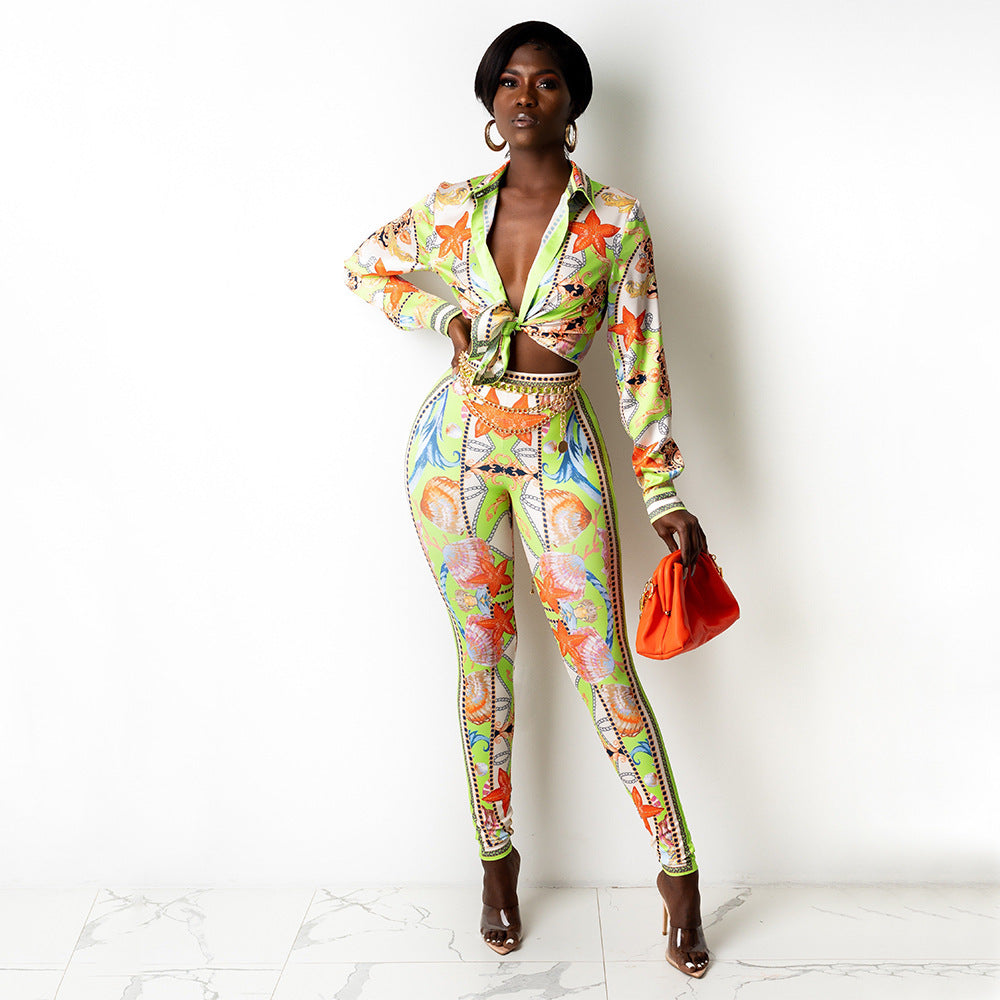 Tropical Starfish Baroque Chain Print Turn-Down Collar Long Sleeve Lace-Up Blouse+ Skin Tight Leggings Women's 2-Piece Set