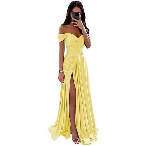 Off-the-Shoulder Corset Design Cinched Waist Solid Color Temperament Bridesmaid/Party Formal Maxi Dress