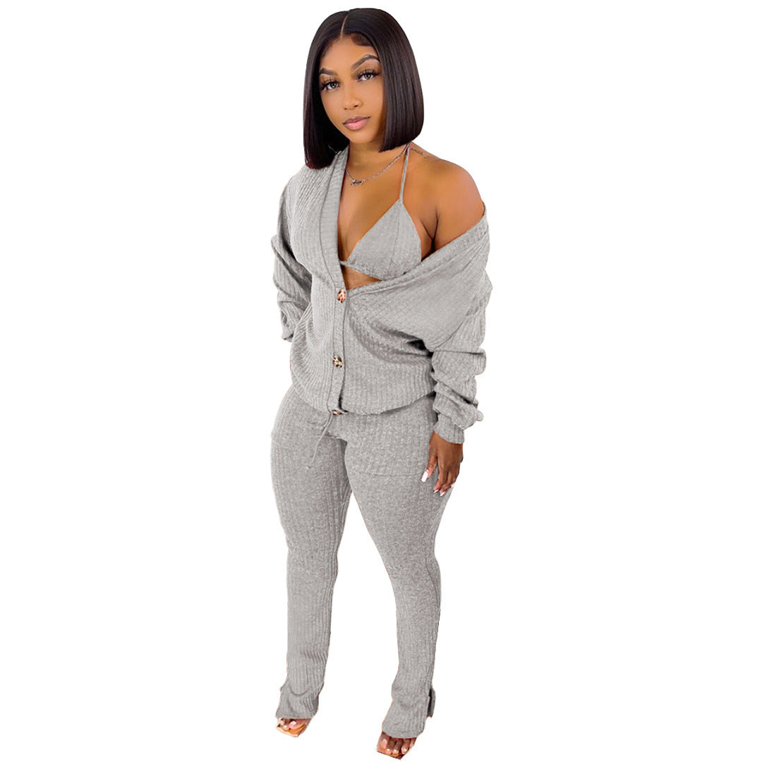 Ribbed Button-Up Women's Cardigan Pocketed Sweater + Matching Bra + Leggings 3-Piece Set