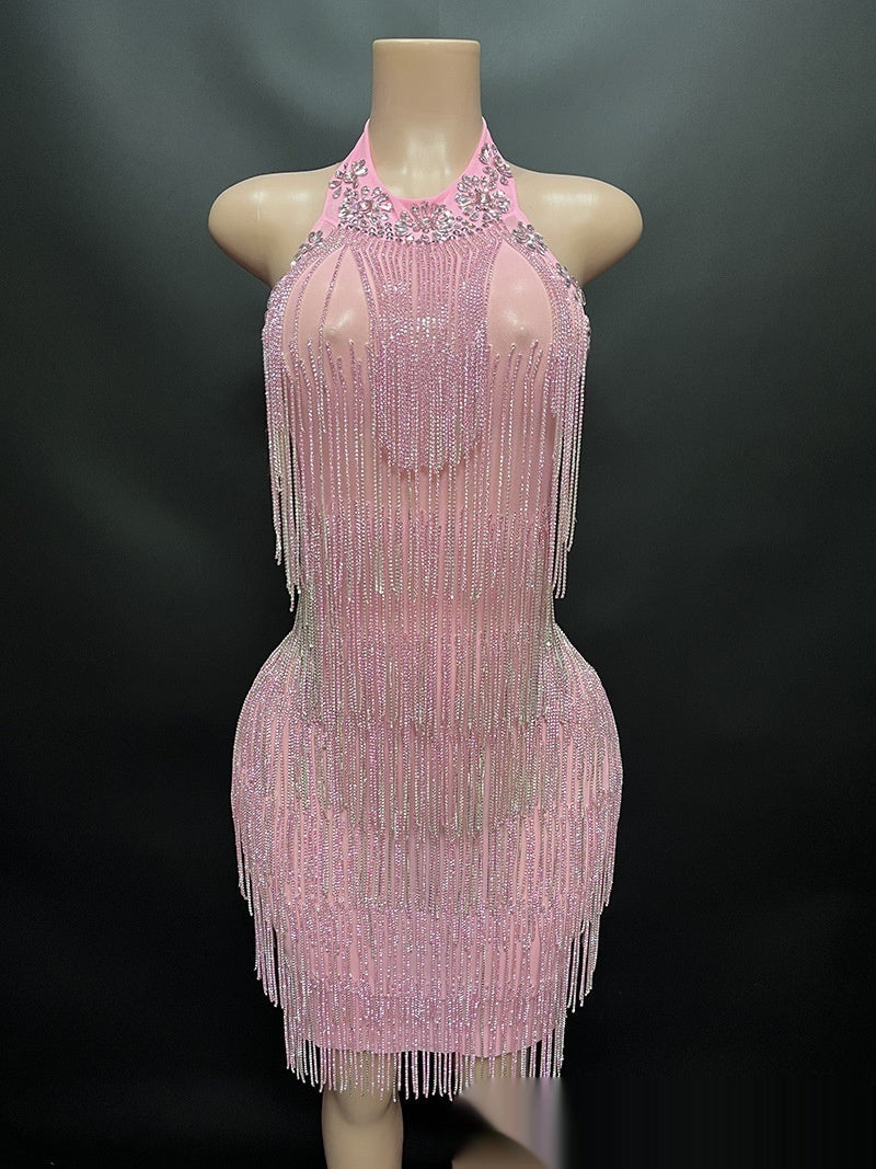 Transparent Sheer Hot Drill Diamond Tassel Fringe Chain Design Backless Sleeveless Formal Mini Party/Prom Dress