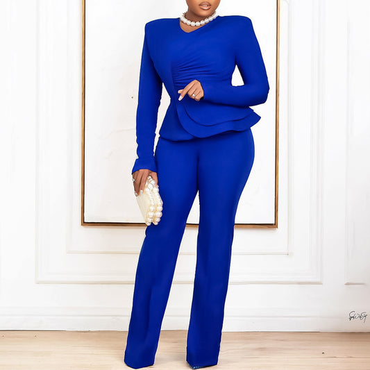 Fashion OL Ruffled V-neck Top Pants European And American Two-piece Set
