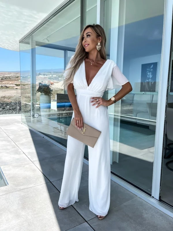 Deep V-Neck Women's Short Sleeve Cinched Waist Wide Leg Trouser Pants Jumpsuit