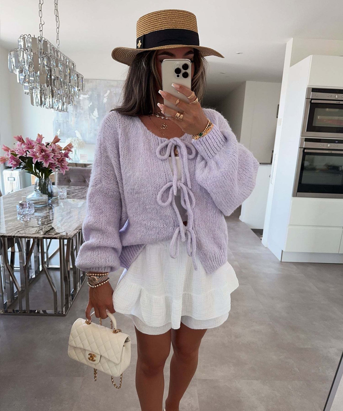 Knitted Bowknot Lace-Up Design Women's Solid Color O-Neck Long Sleeve Hollow-Out Sweater