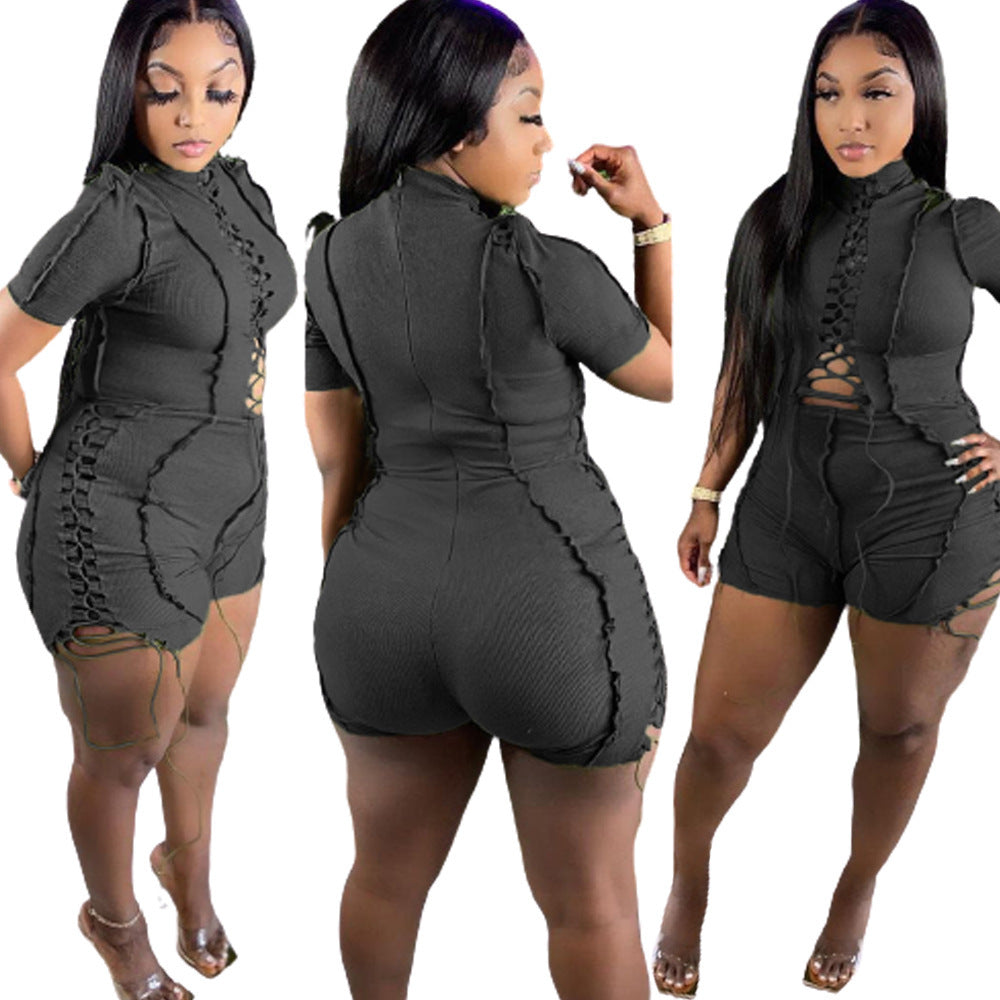 Lace-Up Criss-Cross Trim Side Striped Women's Short Sleeve Top + Shorts 2-Piece Set to 5X Plus Size