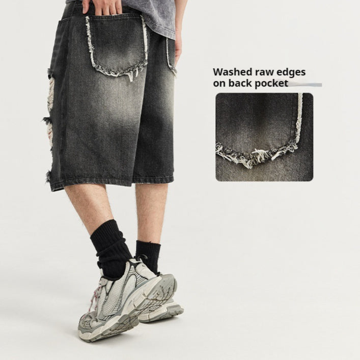 Denim Black Washed Streetwear Hip-Hop Ripped Fringe Raw Edge Pocketed Jean Shorts