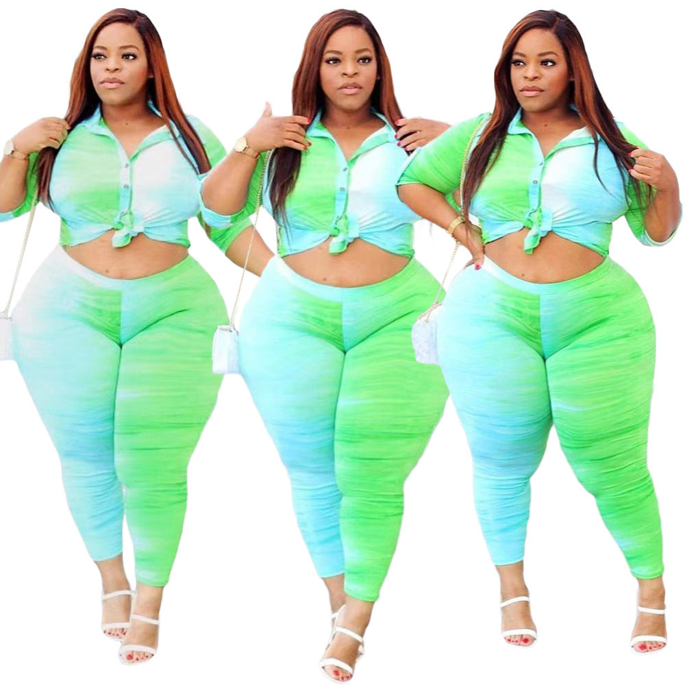 Neon Green/Baby Blue Colorblock Turn-Down Collar Blouse + Leggings 2-Piece Set to 5X Plus Size
