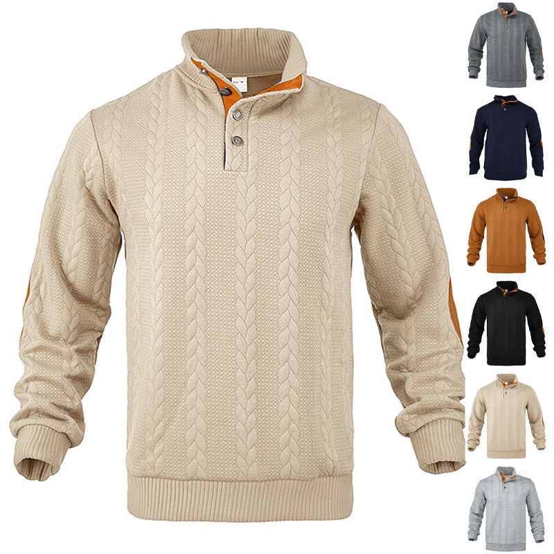 Men's Jacquard Button Design Long Sleeve Embroidered Patch Sweater