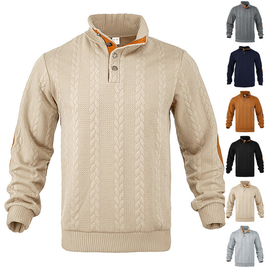 Men's Jacquard Button Design Long Sleeve Embroidered Patch Sweater