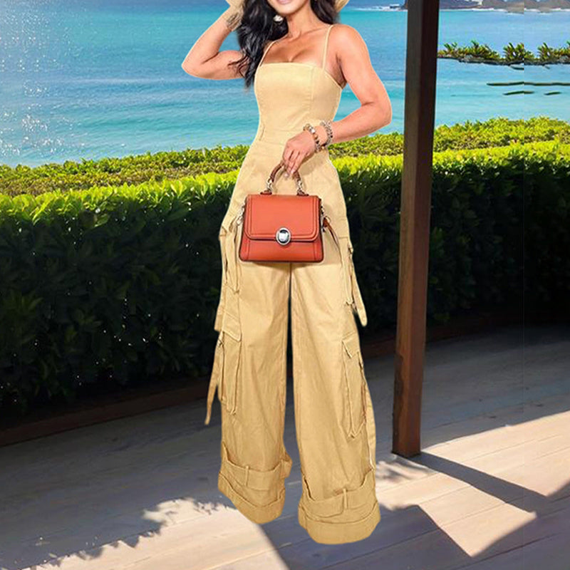 Sleeveless Spaghetti Strap Women's Solid Color Wide Leg Adjustable Hem Multi-Pocketed Cargo Jumpsuit