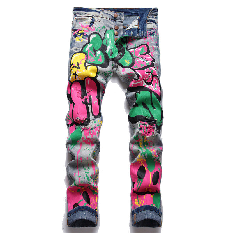 Men's Hip-Hop Denim Faded Airbrush Graffiti Print Ruched Button Fly Skinny Jeans
