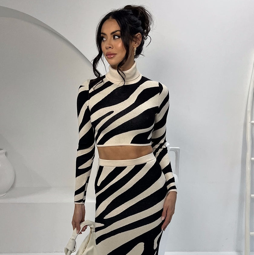 Zebra Striped Turtleneck Women's Long Sleeve Cropped Sweater + Maxi Skirt 2-Piece Knitted Set