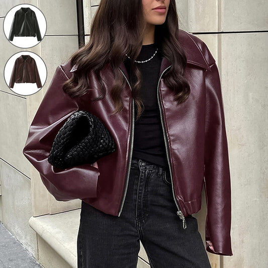 PU Leather Women's Solid Color Turn-Down Collar Long Sleeve Zipper Jacket