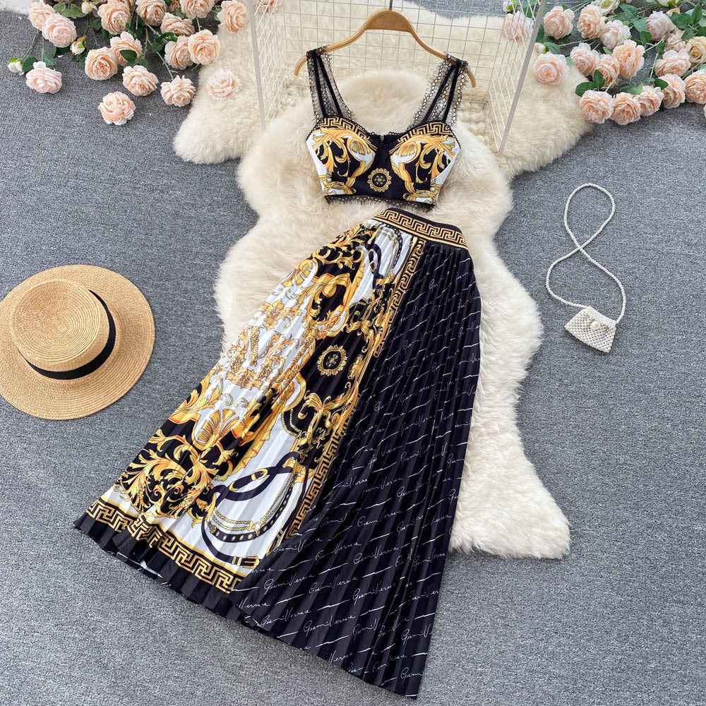 Baroque Lace Stitched Floral Print Crop Tank Top + Pleated Maxi Skirt Women's 2-Piece Set