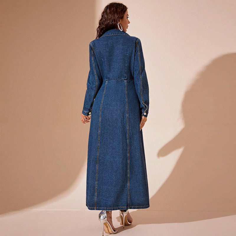 Denim Light Blue/Gradient Dark Blue Turn-Down Collar Button-Up Long Sleeve Maxi Jean Dress