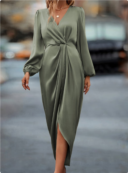 Satin V-Neck Long Sleeve Solid Color Temperament High Slit Maxi Wrap Dress to 4X Plus Size