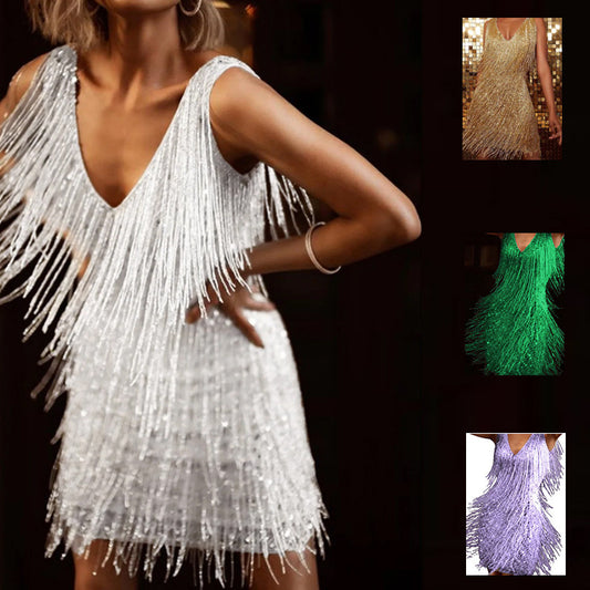 Shaggy Tassel Fringe Design Sleeveless Deep V-Neck Mini Formal Party Dress to 5X Plus Size