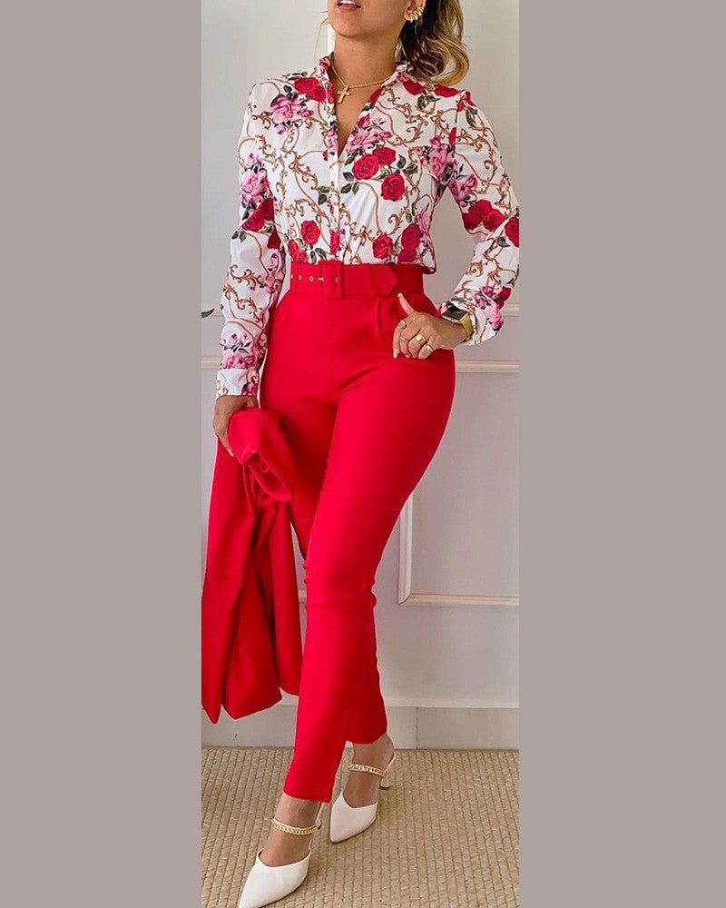 Floral/Geometric/Baroque/Colorblock Gradient Print Long Sleeve Blouse + Solid Color Pants w/ Belt 2-Piece Office Attire Set