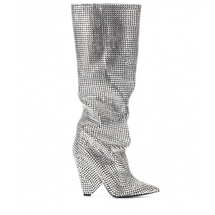 Silver/Black Diamond Metallic Sparkling Rhinestone High Heel Pointed Toe Knee-High Boots