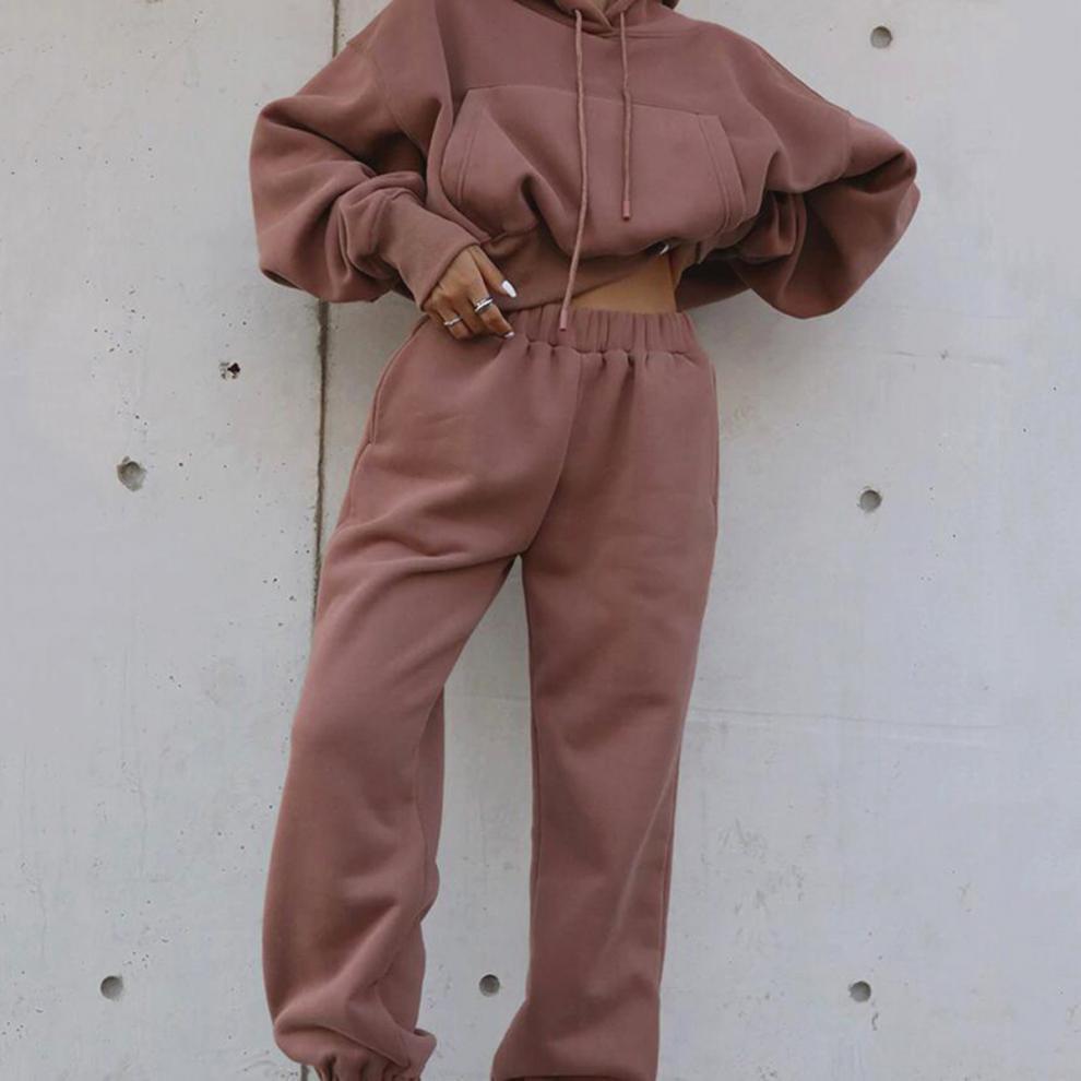 Solid Color Women's Casual Hoodie + Sweatpants Tracksuit