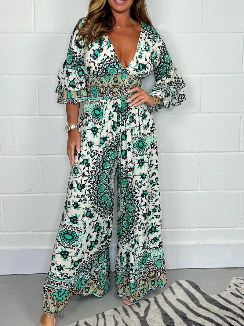 Floral Print Long Sleeve Bohemian Deep V-Neck Women's Wide Leg Jumpsuit to 3X Plus Size