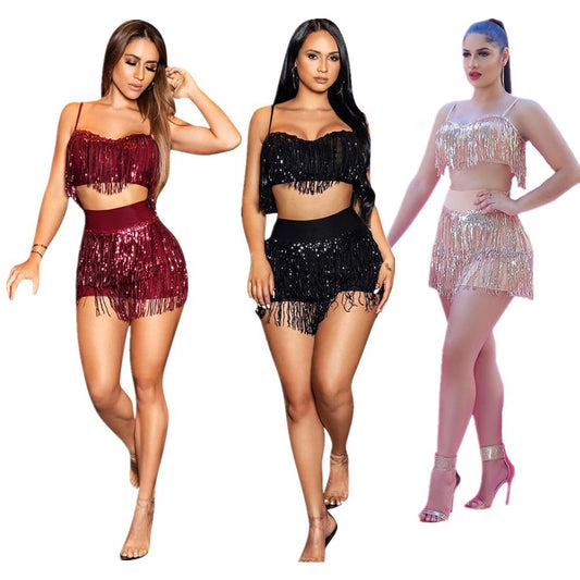 Sequin Sparkling Tassel Fringe Design Crop Tank Top + Mini Skirt 2-Piece Dancer Set
