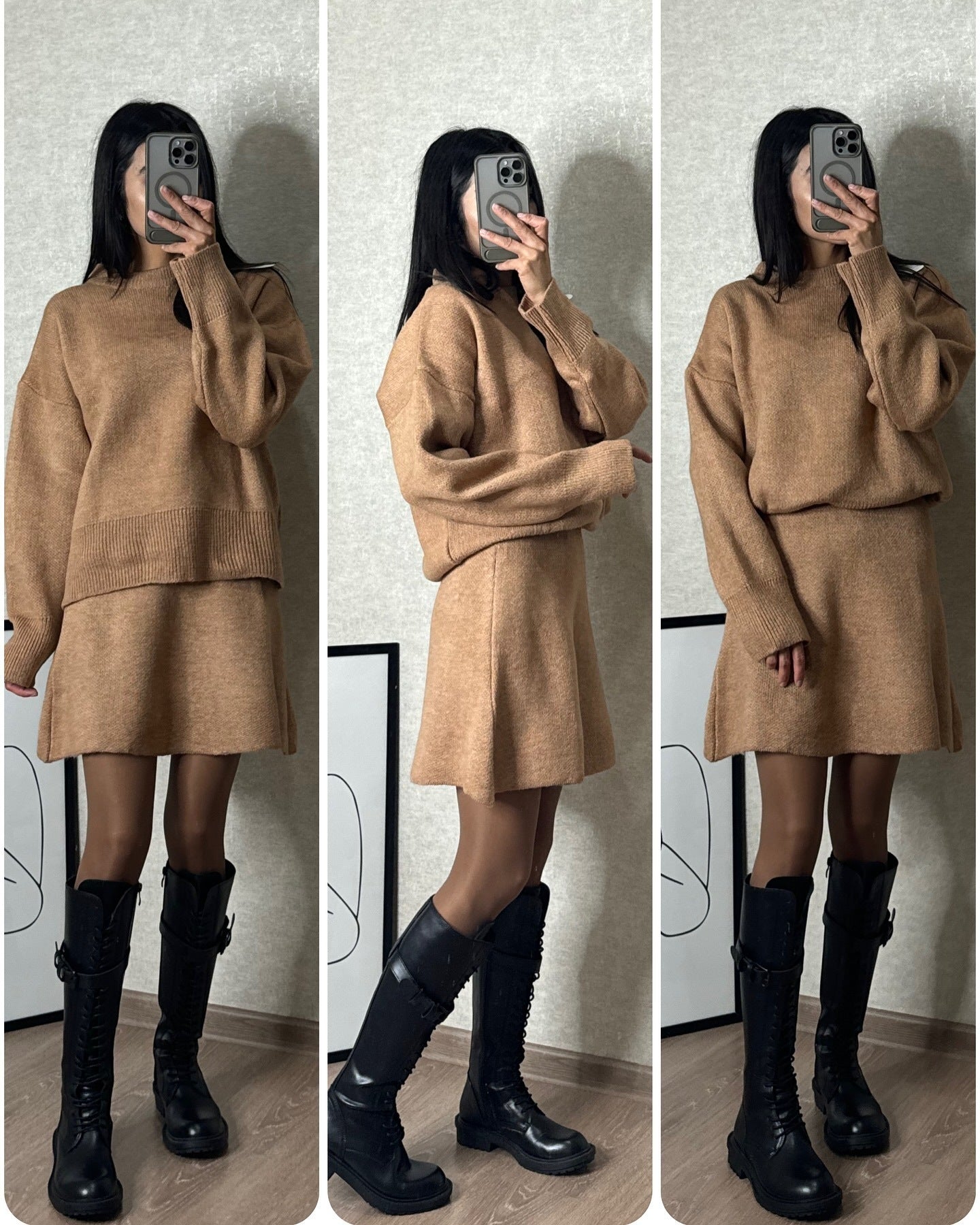 Knitted Long Sleeve Pullover Solid Color Sweater + High Waist Mini Skirt Women's 2-Piece Set to 3X Plus Size