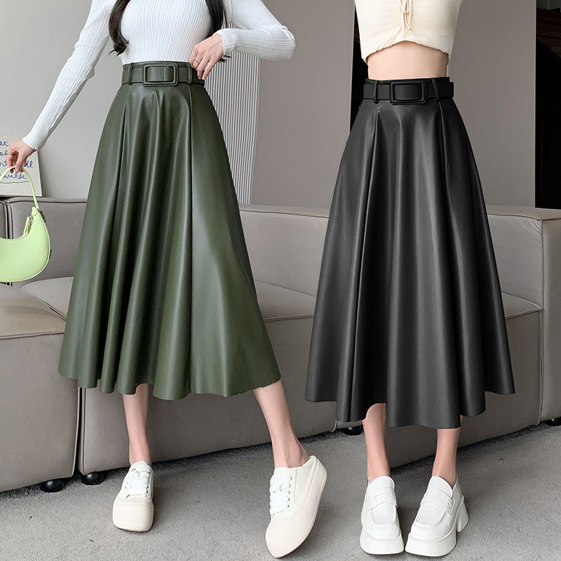 Flared Belted PU Leather A- Line High Waist Midi Skirt