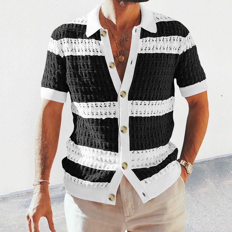 Men's English Knitted Crochet Striped Button-Up Short Sleeve Beach Polo Shirt