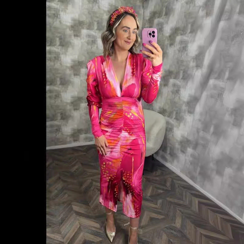 Ruched Pleated Floral Print Deep V-Neck Long Sleeve Maxi Dress