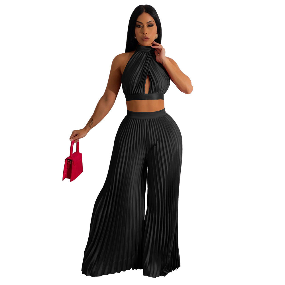Pleated Women's Halter Silky Crop Top + Elastic Waist Wide Leg Pants 2-Piece Set
