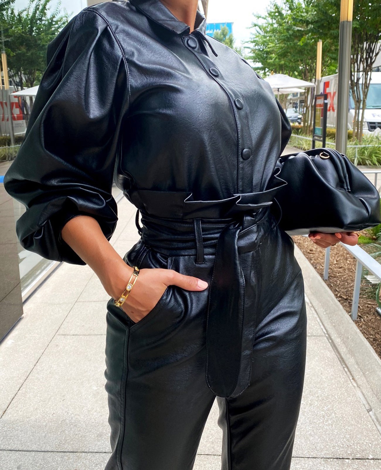 Black PU Leather Turn-Down Collar Long Sleeve Button-Up Women's Blouse + Pants w/ Sash Belt 2-Piece Set