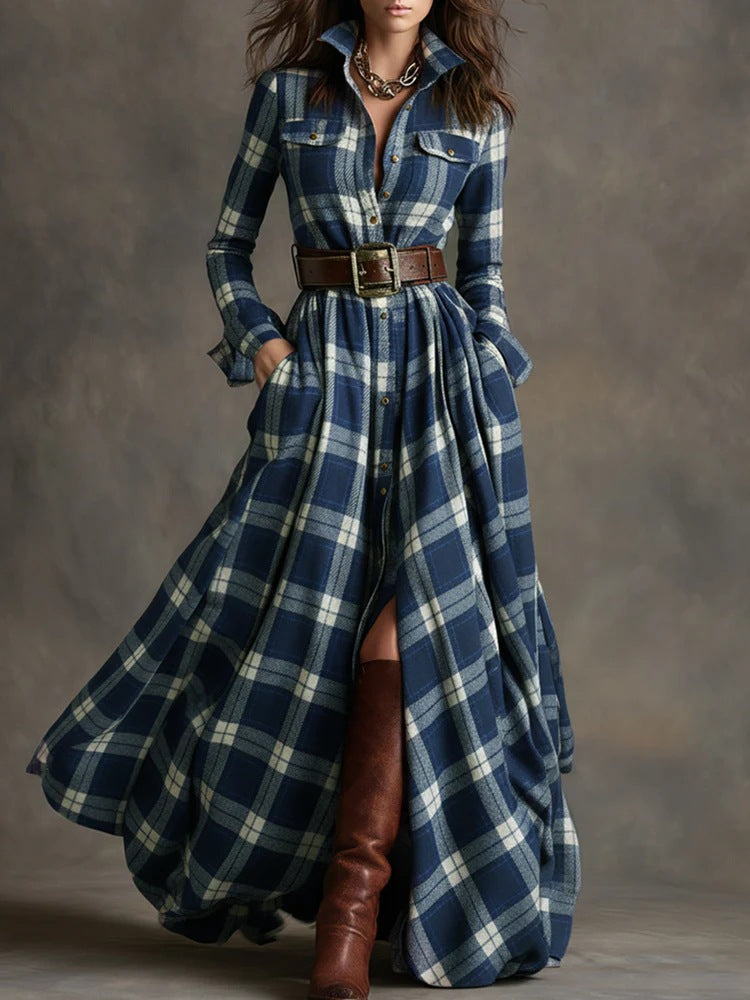 Oversized Plaid Print Long Sleeve Pocketed Turn-Down Collar Button-Up Big Swing Maxi Dress to 4X Plus Size
