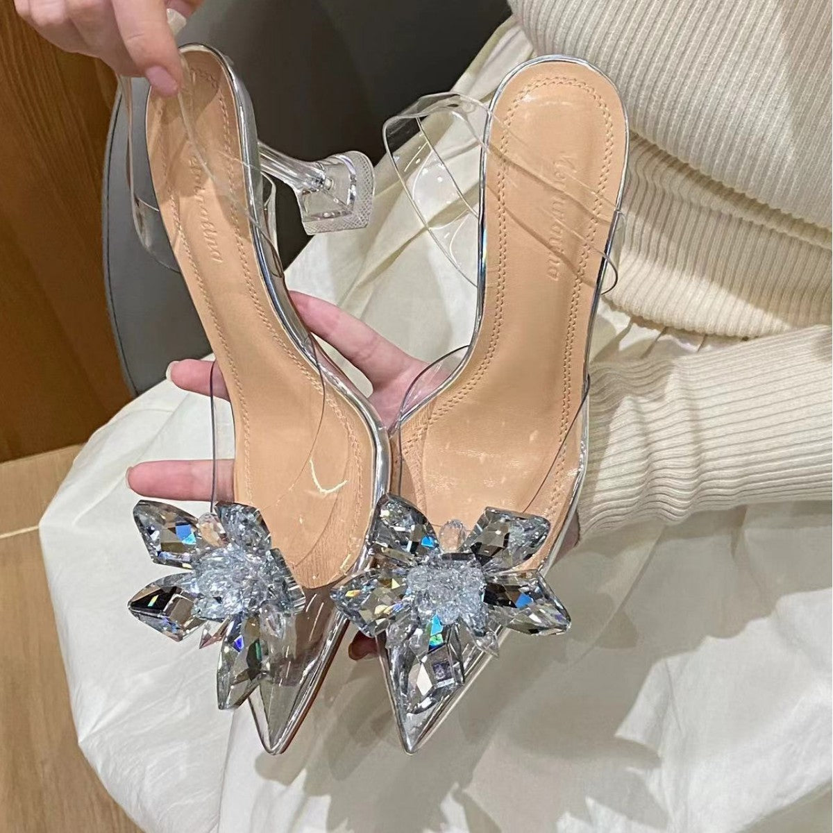 PVC Transparent Crystal Flower Design Spiked Heel Women's Pumps