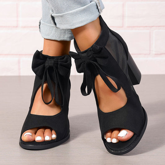 Bowknot Design Chunky Platform Heel Women's Hollow-Out Open Toe Ankle Strap Boots