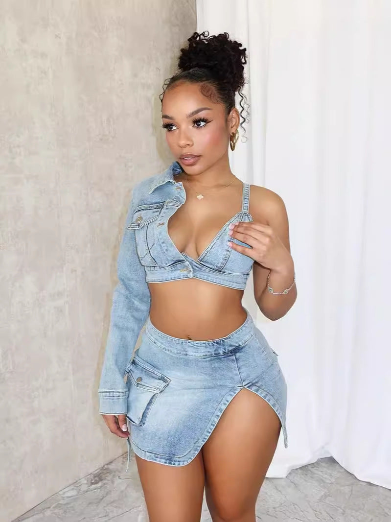 Irregular Light Blue Washed Denim One Sleeve Stretch Hollow-Out Cami Crop Top + Cargo Pocketed Side Slit Women's 2-Piece Set
