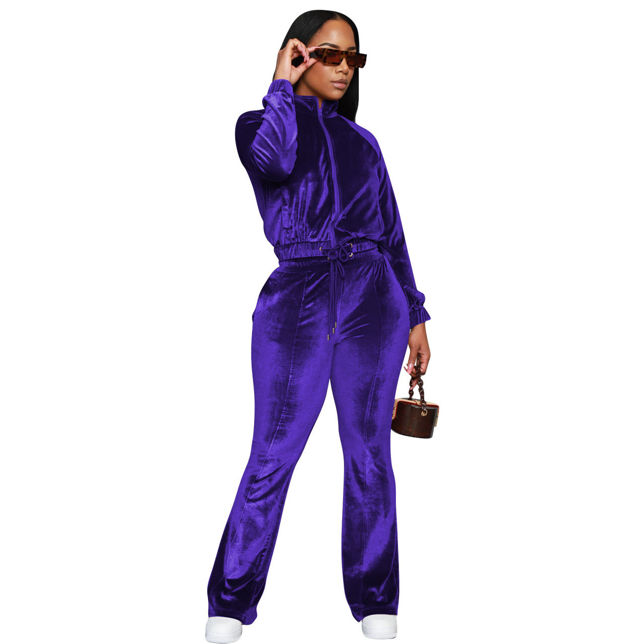 Velvet Drawstring Solid Color Women's Mandarin Collar Zipper Sweat Jacket + Sweatpants Tracksuit