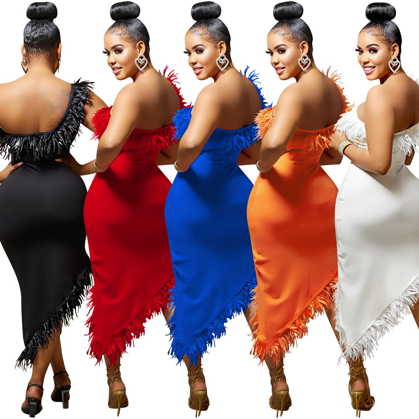 Asymmetrical One Shoulder Feather Design V-Neck Sleeveless Irregular Formal Midi Dress