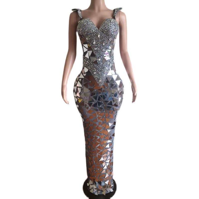 Silver Sparkling Sequin Rhinestone Geometric Mirror Effect Zipper Back Formal Maxi Party/Prom Dress