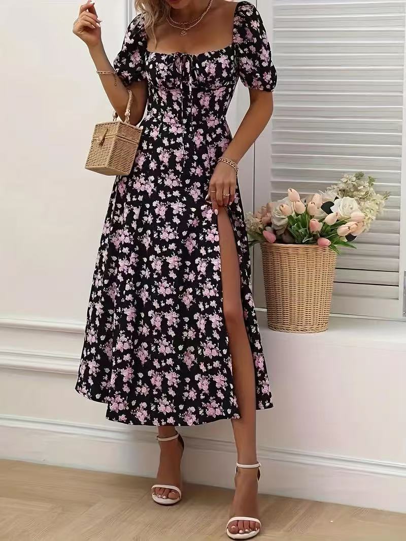 Floral Print Bohemian Short Sleeve High Side Slit Lace-Up Beach Maxi Dress