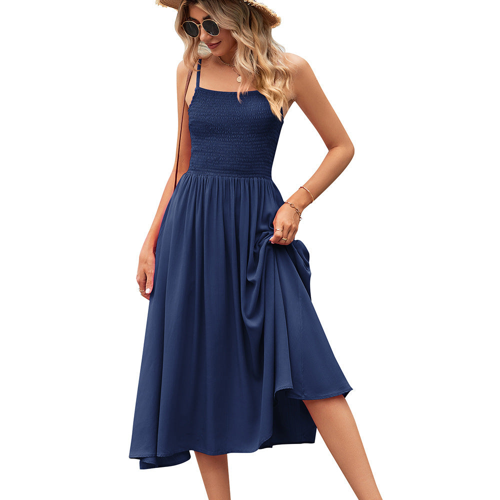 Sleeveless Ruched Square Collar Pleated Bohemian Solid Color Spaghetti Strap Midi Dress
