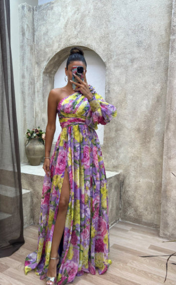 Floral Print Pleated Asymmetrical High Slit One Shoulder Long Sleeve Maxi Dress