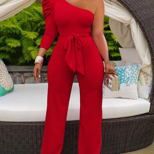 Asymmetrical One Puff Sleeve Solid Color Wide Leg Sash Belted Formal Jumpsuit to 3X Plus Size