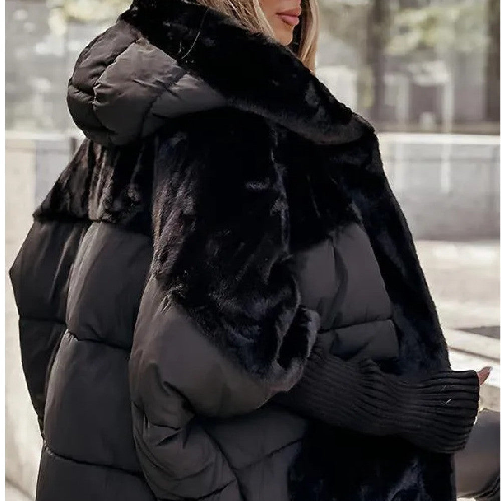 Oversized Quilted Faux Fur Patchwork Women's Long Sleeve Hoodie Jacket to 3X Plus Size