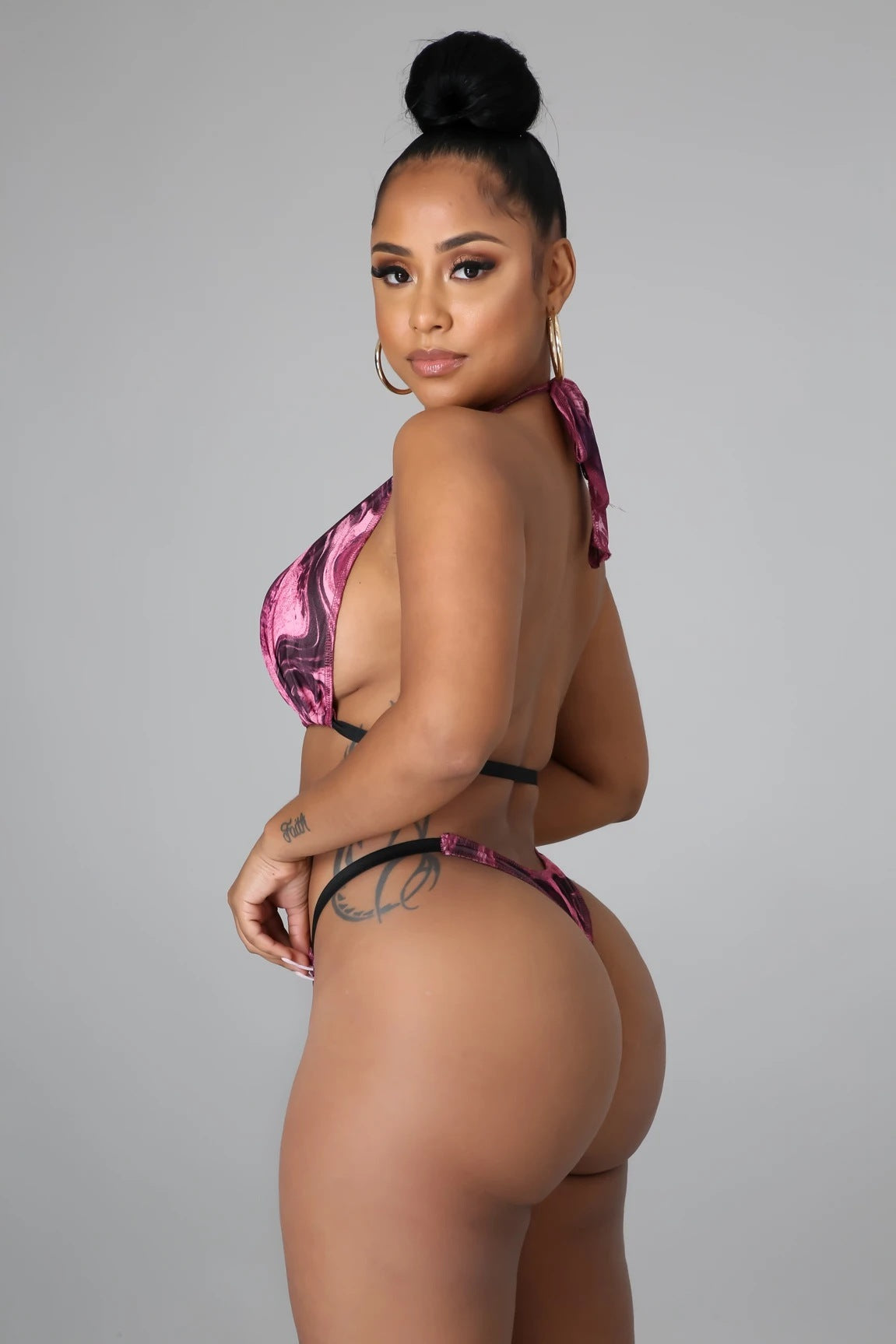 Swirl Print Hollow-Out Women's Thong Bikini Swimsuit w/ Matching Leggings 3-Piece Set