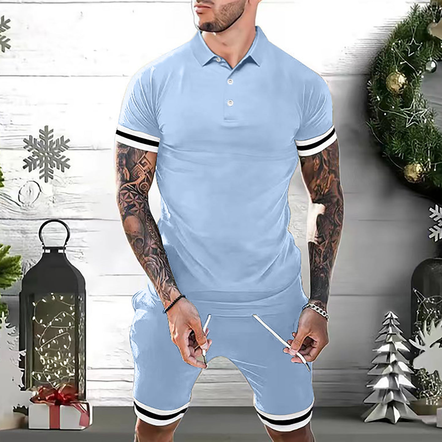 Men's Side Striped Turn-Down Collar Short Sleeve Polo Shirt + Shorts 2-Piece Set