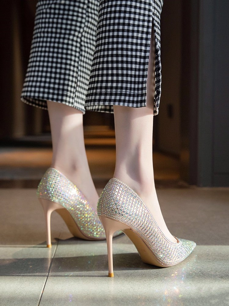 Metallic Diamond Decor Pointed Toe Stiletto Heel Women's Pumps