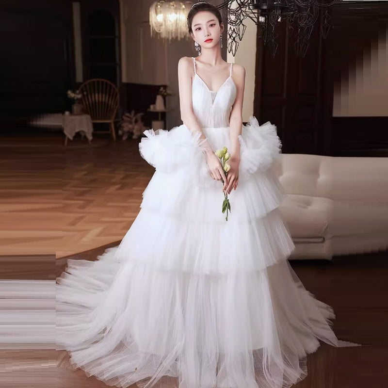 White Tiered Multi-Layer French Pettiskirt Temperament Formal Wedding Dress to 3X Plus Size