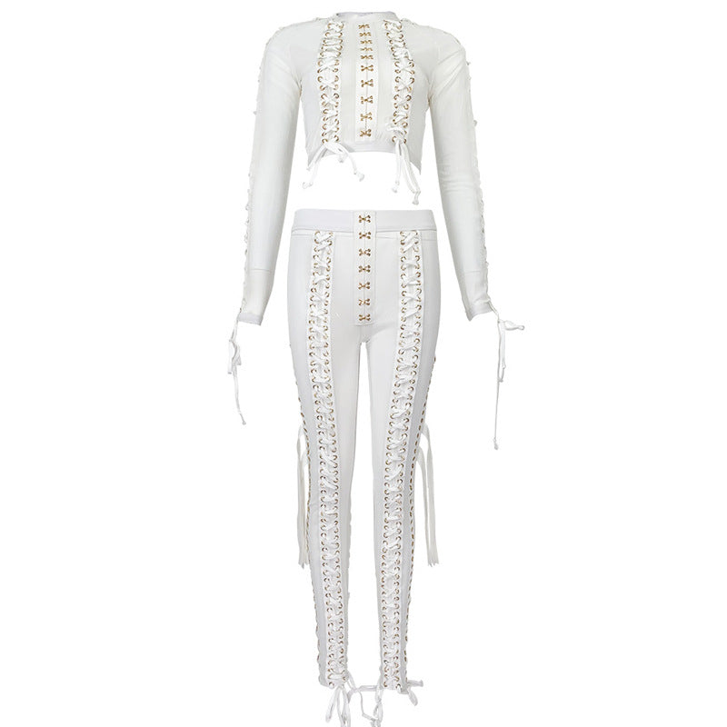 Transparent Mesh Hollow-Out Pattern Long Sleeve Crop Top + Breathable Leggings Women's 2-Piece Set