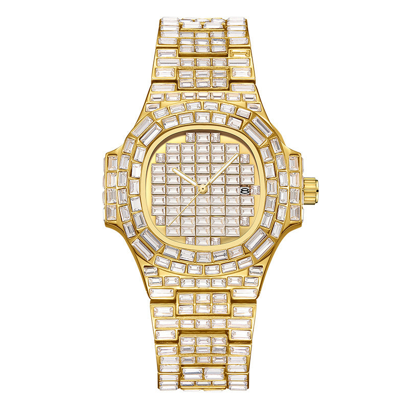 Men's Gold/Silver Full Square Metallic Diamond Hip-Hop Waterproof Calendar Quartz Watch