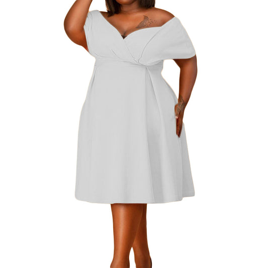 Deep V-Neck Back Bowknot Design Midi Flared Party Dress to 3X Plus Size